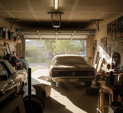 A car parked in a garage